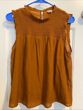 Nanette Lepore Rust Smocked Ruffle Neck Sleeveless Top